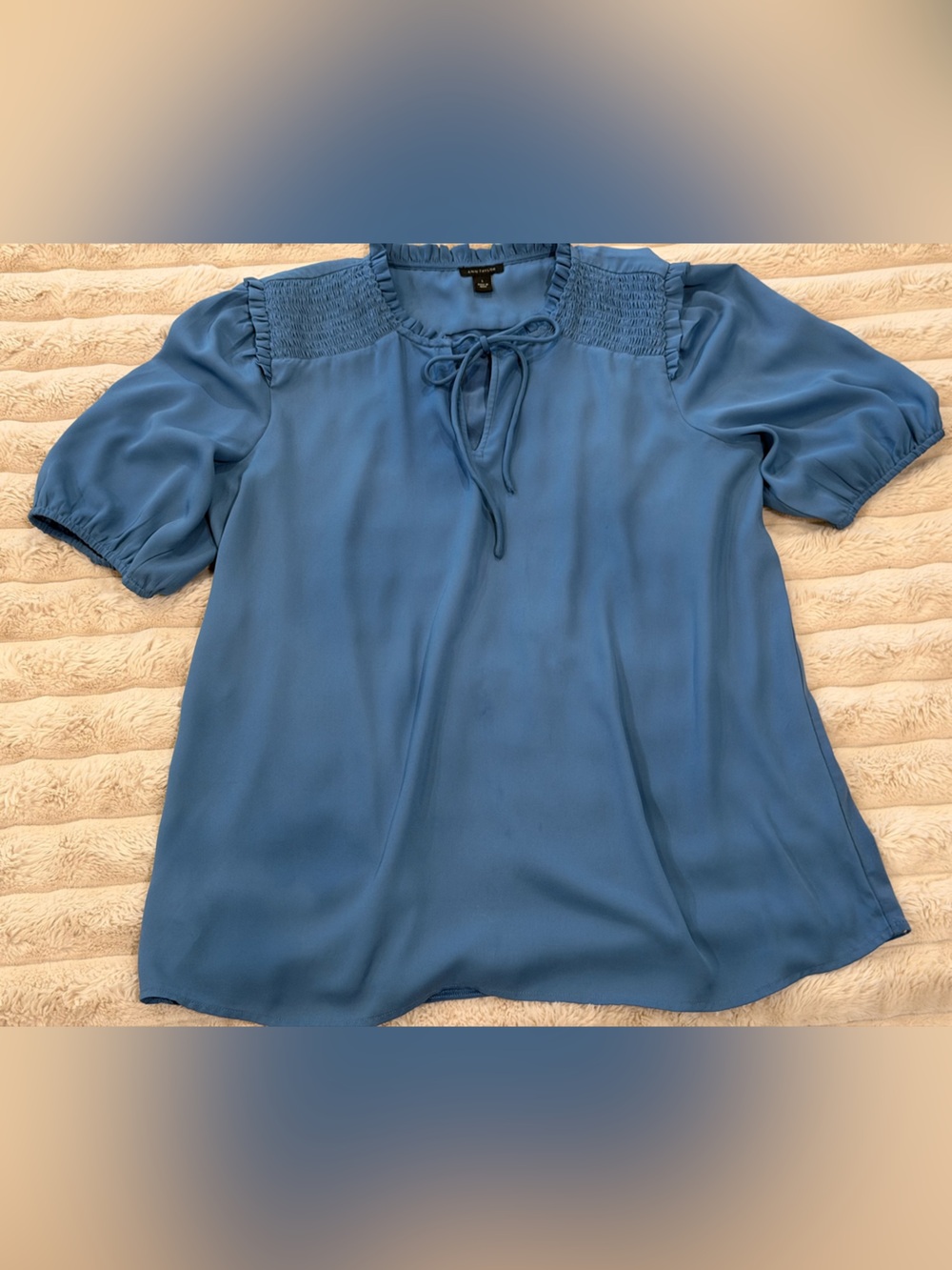 Ann Taylor Blue Tie-Neck Smocked Shoulder Blouse
